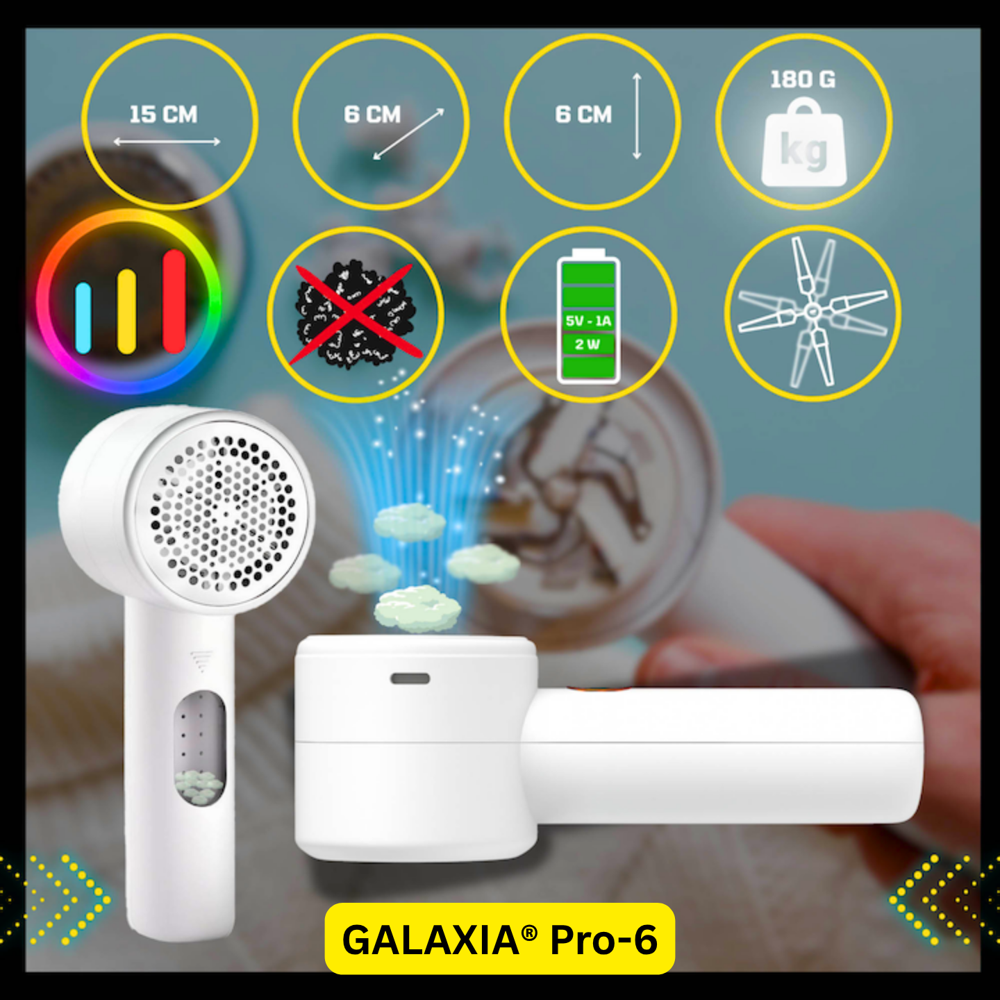 Aparat de curățat scame GALAXIA® Pro-6, 6 Lame Inox, Afișaj LED, 3 Viteze, Reîncărcabil USB-C, Alb