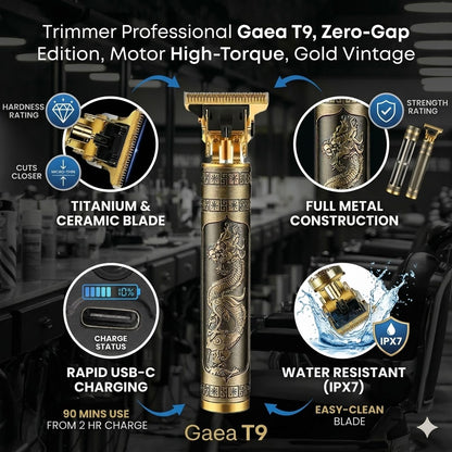 Trimmer Profesional Gaea T9, Zero-Gap Edition, Motor High-Torque, Gold Vintage