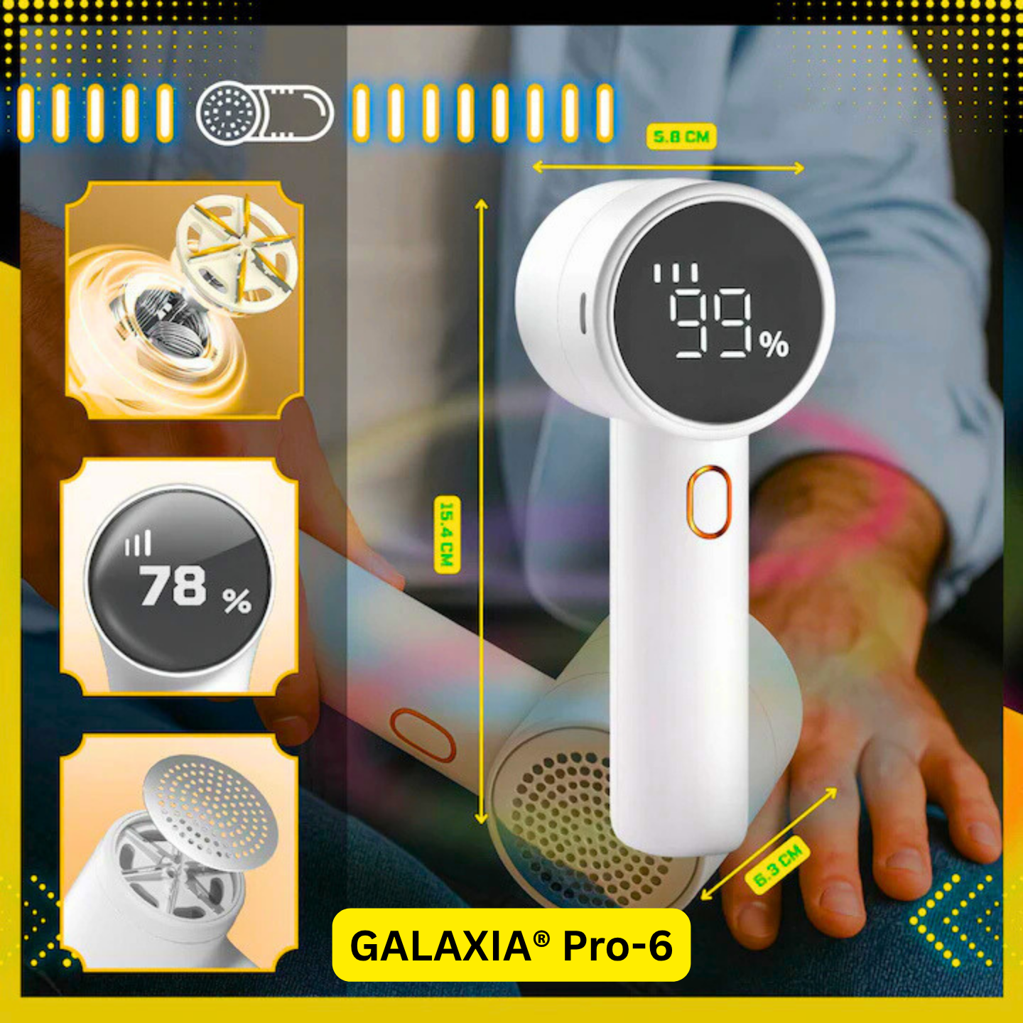 Aparat de curățat scame GALAXIA® Pro-6, 6 Lame Inox, Afișaj LED, 3 Viteze, Reîncărcabil USB-C, Alb